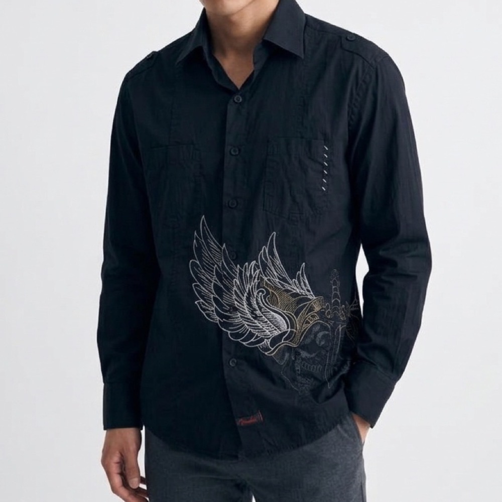 Fender Custom Shop Rock & Roll Religion Men Skull Wings Shirt Gothic Western Y2K